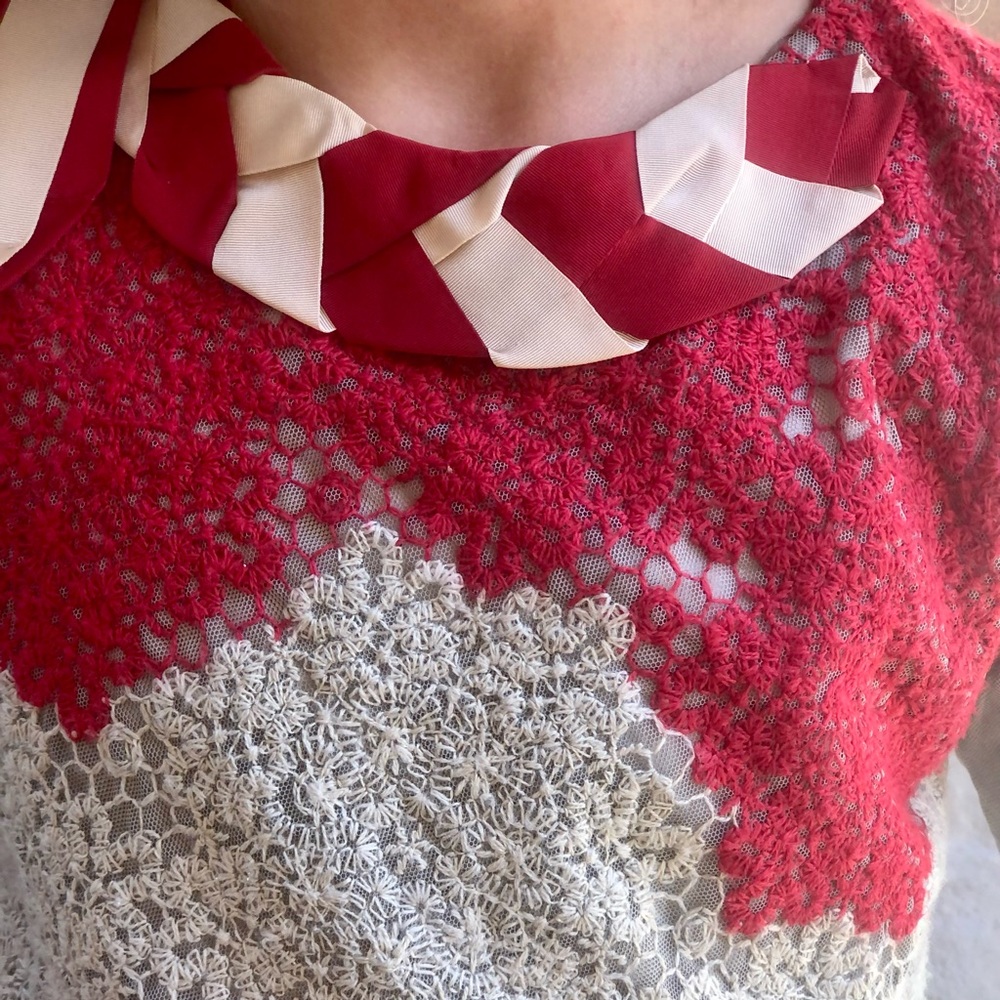 Pinco Pallino Red & Beige Lace Dress with Striped Ribbon Collar - Picture 11 of 16